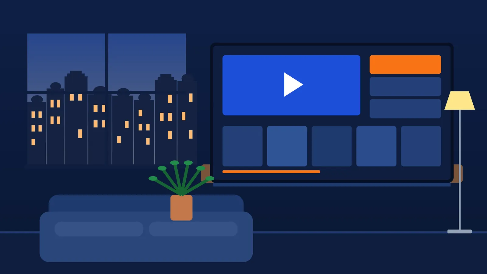 Nederlandse woonkamer met grachtenpanden buiten en een smart-tv met streaming-app